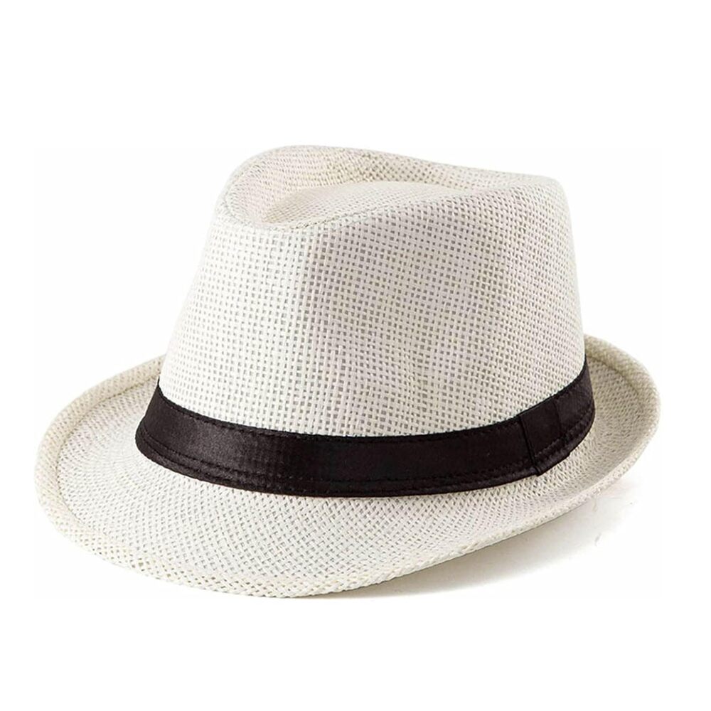6483 Straw Fedora Hat Panama Hat Short Brim Summer Sun Hat Black Belt-Cream